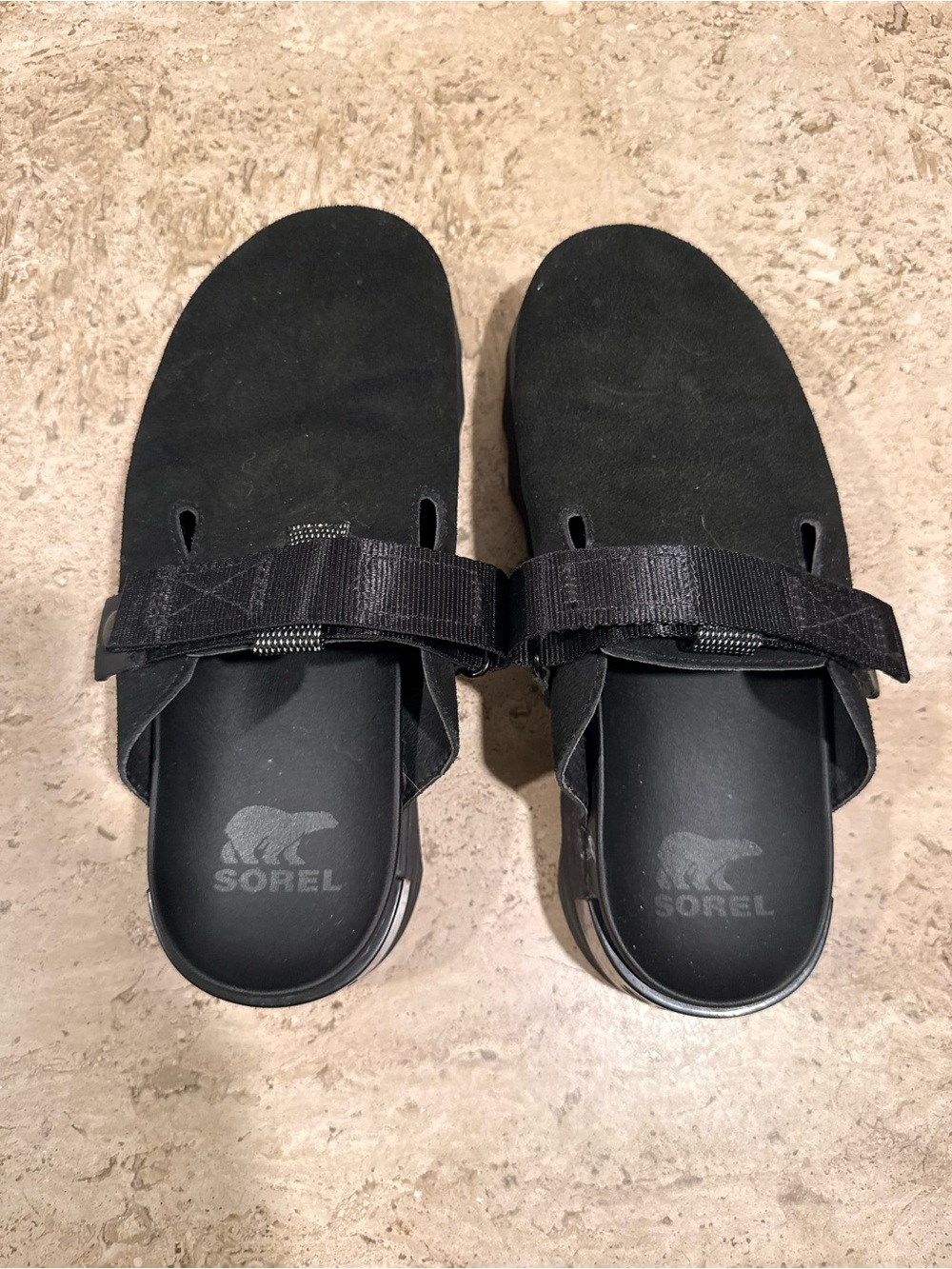 SOREL Black Slip-On Suede Sandal with Adjustable Strap
